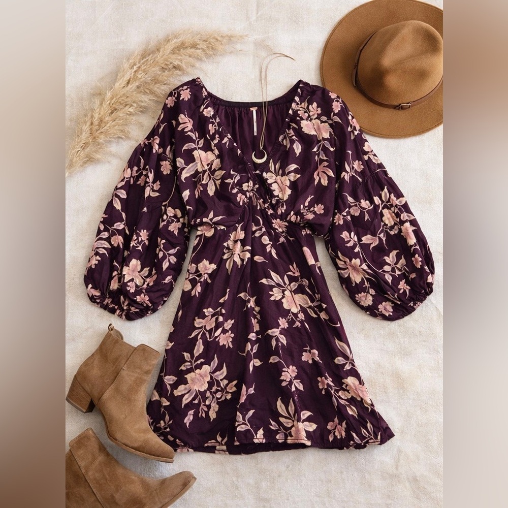 Free People Linen Blend Floral Mini Dress XS Boho Cottagecore Plum